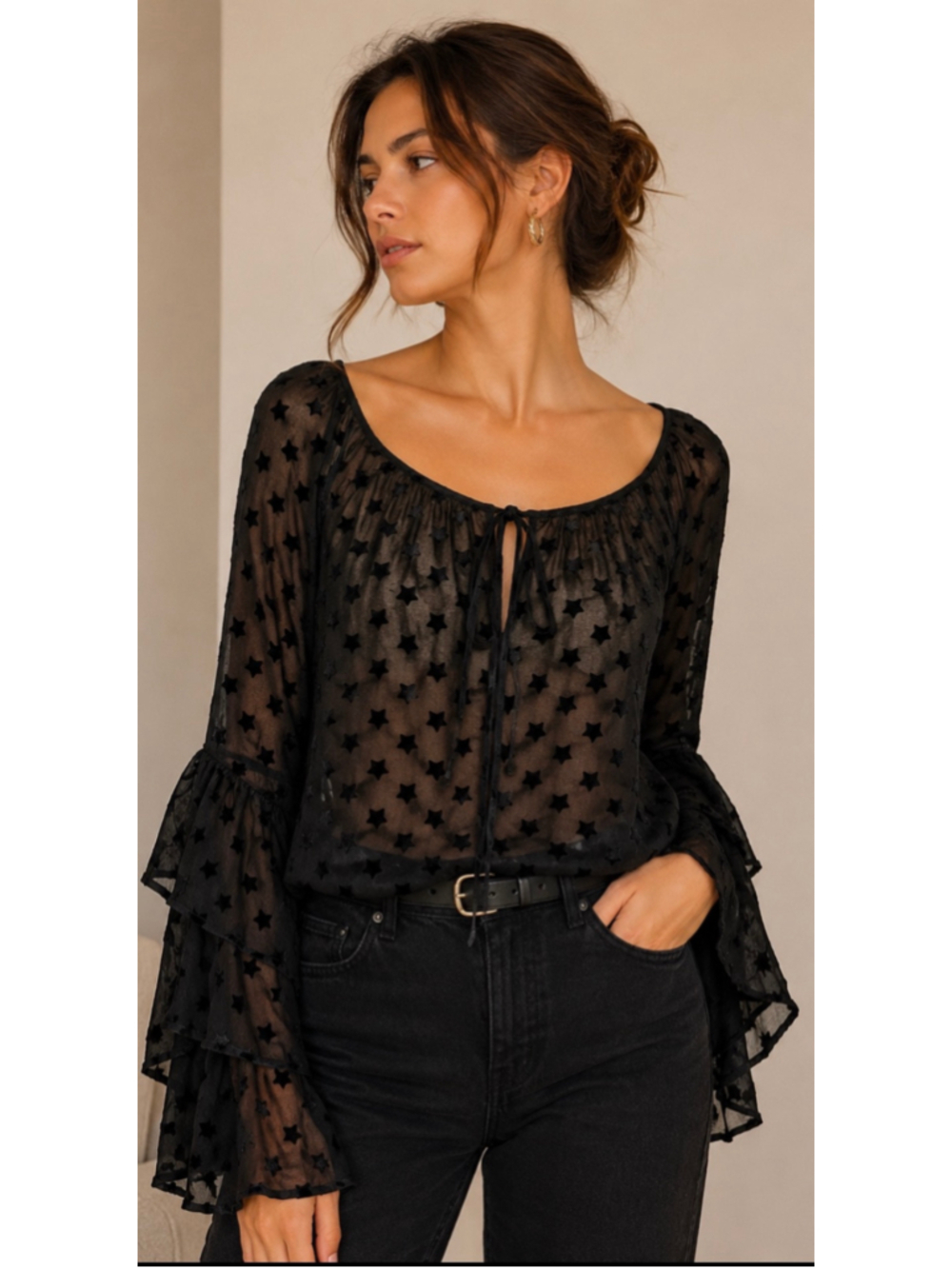 Stone Cold Fox Black Star Print Sheer Bell Sleeve Blouse Size S Oversized Boho